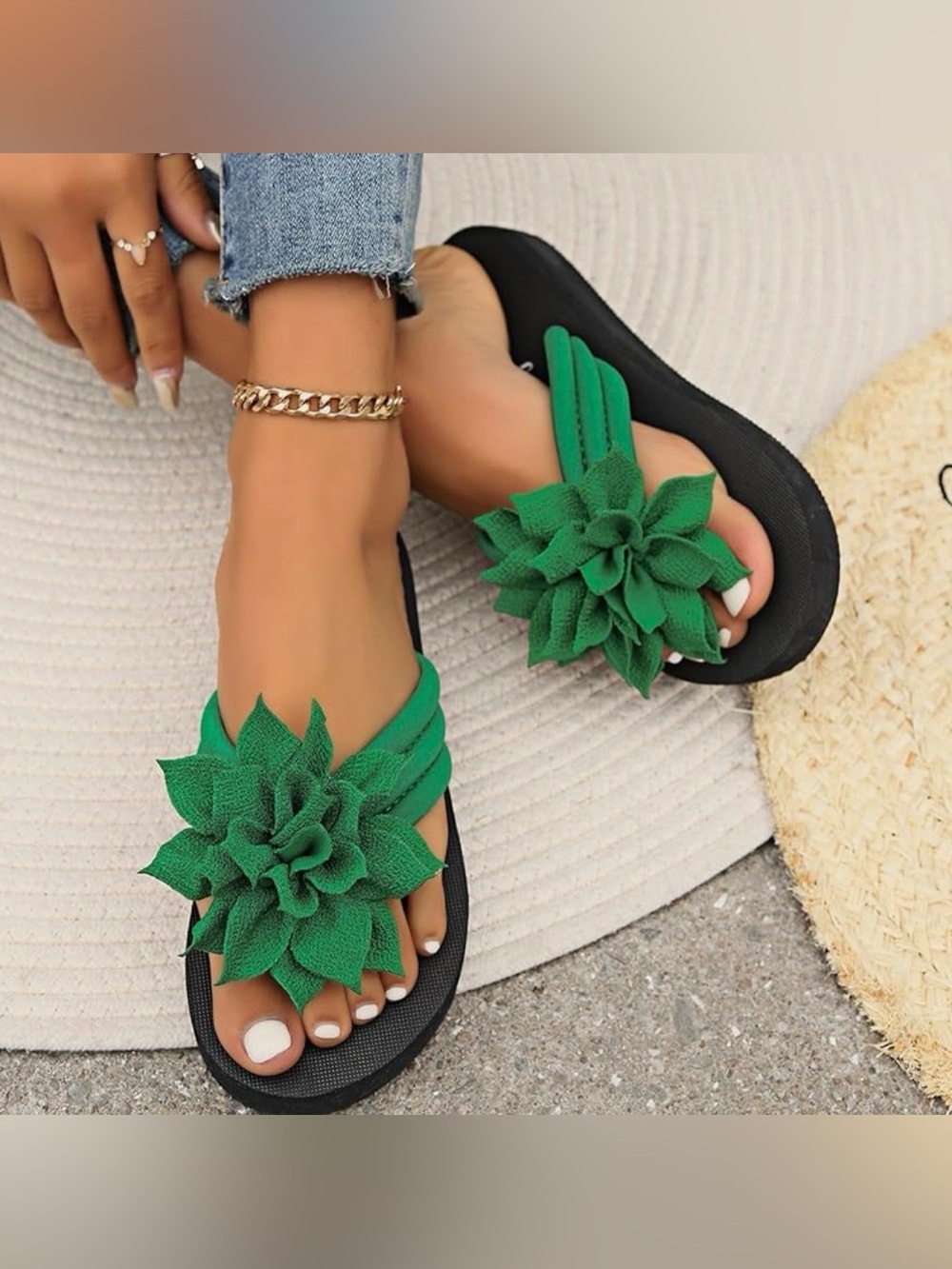 New Green 3D Floral Sandals Thongs Flip Flops Summer Beach Flower Shoes Size 7.5